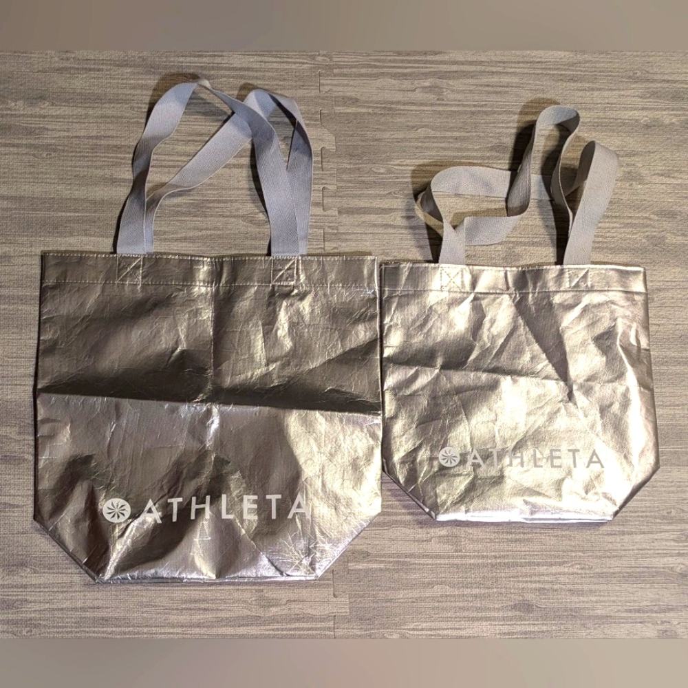 Athleta silver reusable bags set. Metallic silver with grey/silver nylon straps.